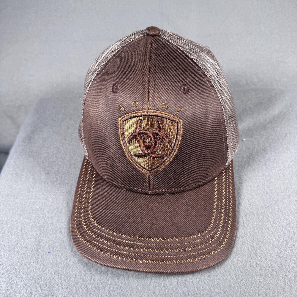 Ariat Hat Cap Strap Back Mens One Size Brown Tan Mesh Trucker Embroidered Shield - Picture 6 of 11
